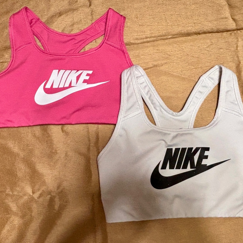 Set 2 XS Nike Swoosh Futura Sports Bra PINK and WHITE.